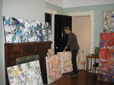 Adam selecting works for Abstraction, a show opening at Carrie Haddad gallery on July 18 